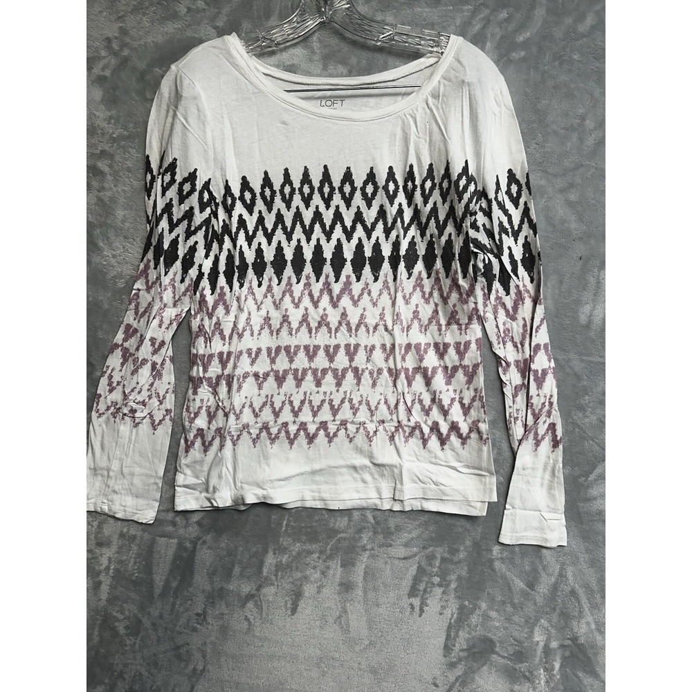 LOFT Outlet Long Sleeve Tee Womens XS White Mauve Excellent Geometric Ikat Print